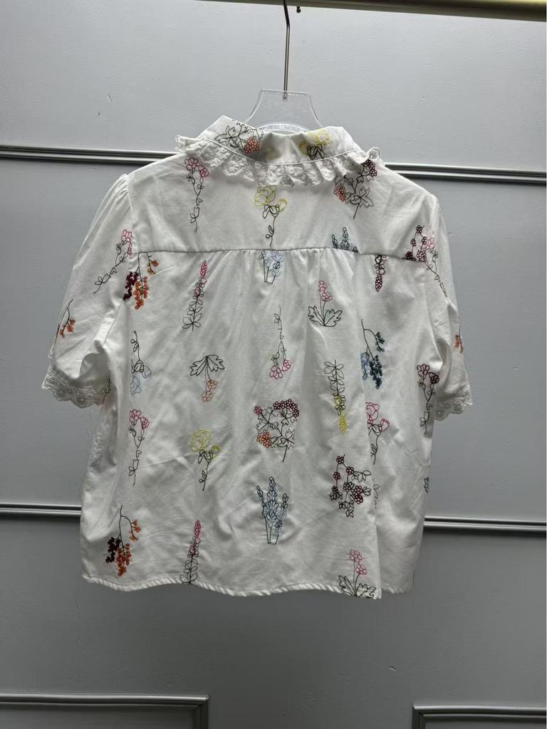 French Floral Embroidered Lace-Trim Lapel Short-Sleeve Loose Shirt for Women