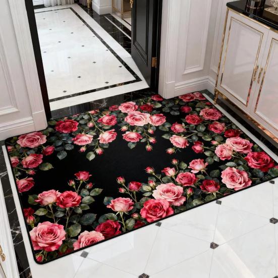 Roses Bathroom Rug Super Absorbent Diatomaceous Earth Bath Mat Non-Slip Door Mat Floral Floor Mat for Kitchen Entrance Shower