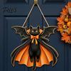 Spooky Party Decorations Black Cat Ghost Door Sign, Halloween Decorative Plaque, Wooden Hanging Plaque Vintage Rustic Decor with Jute Rope,