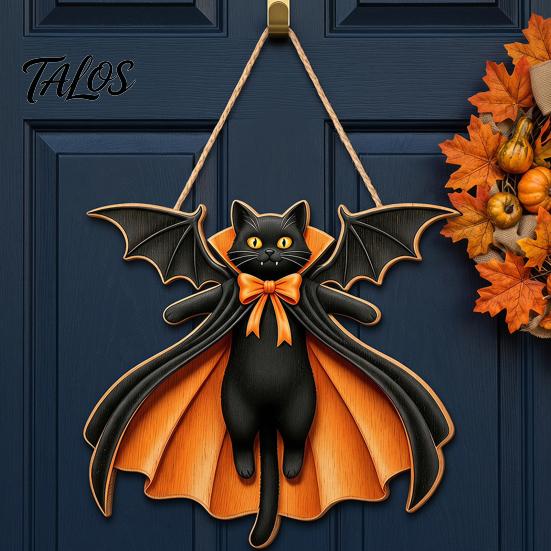 Spooky Party Decorations Black Cat Ghost Door Sign, Halloween Decorative Plaque, Wooden Hanging Plaque Vintage Rustic Decor with Jute Rope,