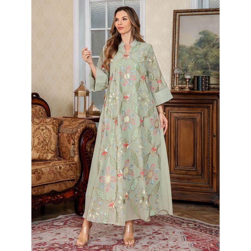 

New Middle East Women clothes Robe Beaded Embroidery Dubai Arab Dress Formal Dress Plus size dresses Dress Green 2XL