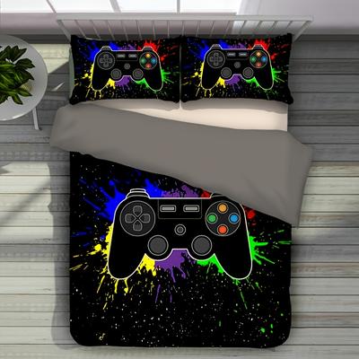 3-teiliges Bettbezug-Set mit Game Controller-Muster in Schwarz (1 Duettbezug + 2 Kissenbezüge), Bettbezug aus gebürsteter Chemiefaser