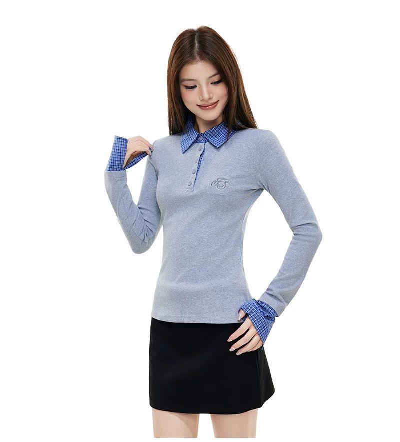 Women s Slimming Embroidered Lapel Polo Shirt - Faux Two-Piece Cotton Patchwork, Brushed Long-Sleeve Base Layer Medium серый