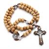 Round Wooden Beads Handmade Line Coding Catholic Christian Retro Catholic Rosary Cross Necklace Jewelry