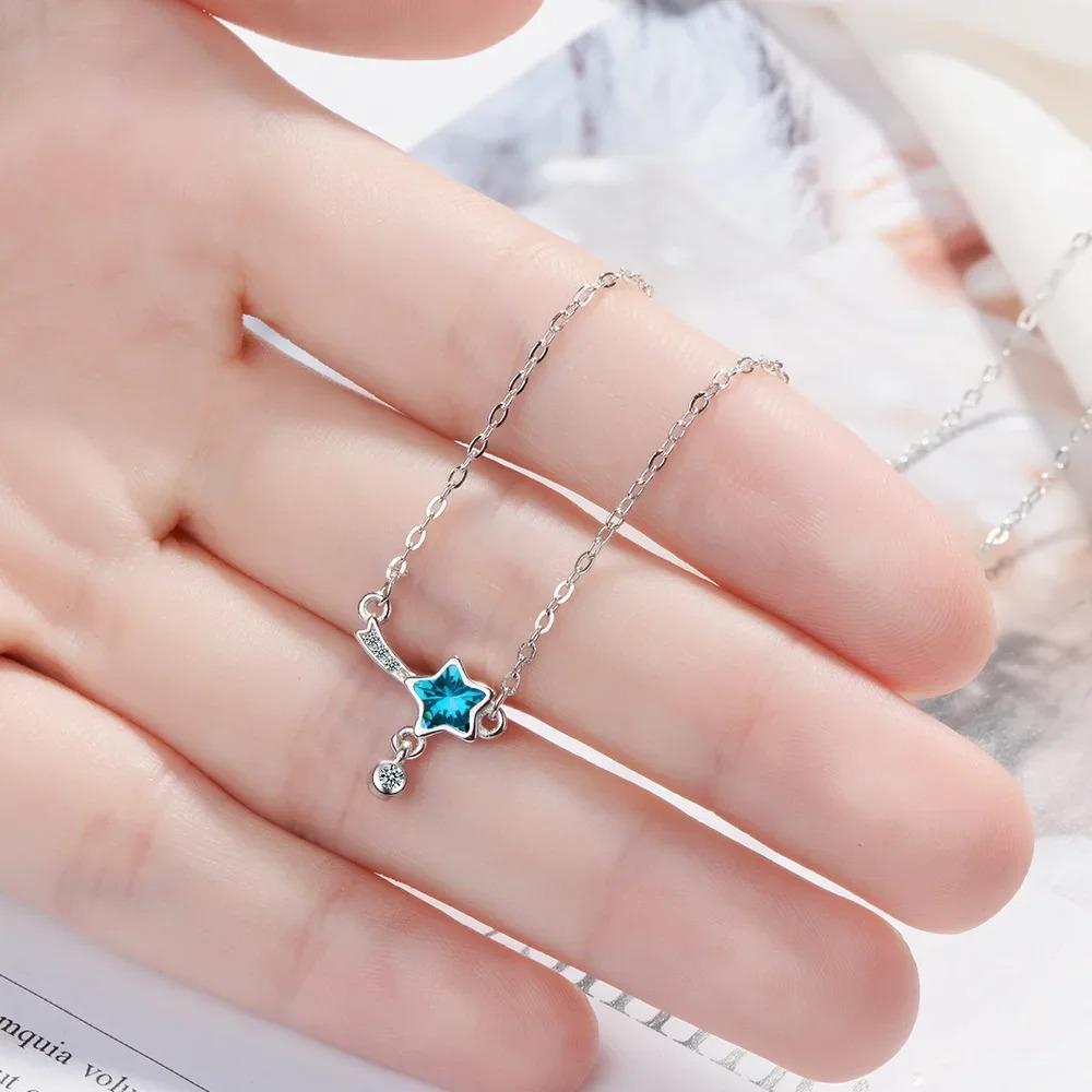 100% 925 Silver Blue Crystal Star Charm Pendant Necklace For Women Wedding Romantic Party Jewelry Choker Collar