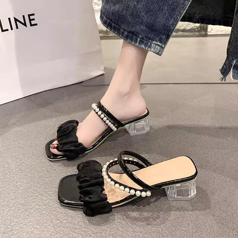 Cool Slippers Women's New Summer Medium Heel Thick Heel Versatile Outer Wear Pearl Two Wear Sandals