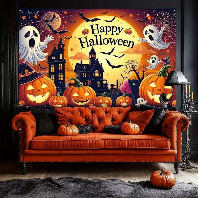 2D Spooky Halloween Backdrop with Full Moon, Ghosts and Pumpkins Party Decoration Background