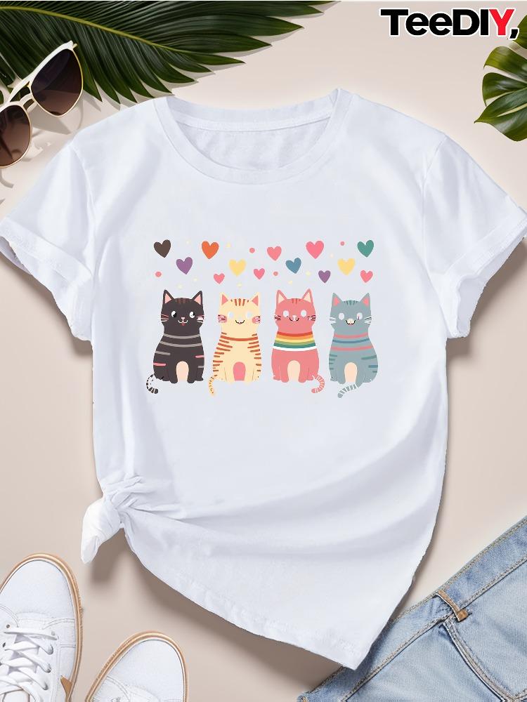 

New Cute Cartoon Striped Cat Design Tshirt with Round Neck Short Sleeved Casual Wear Tshirt Colorful Casual Wear Women Tshirt S
