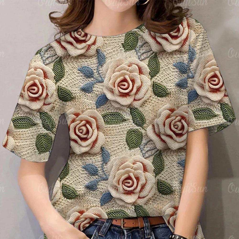

Женские футболки с 3D-цветочным принтом, повседневный пуловер, летние свободные футболки с короткими рукавами, модная женская одежда XXS-6xl 3XL