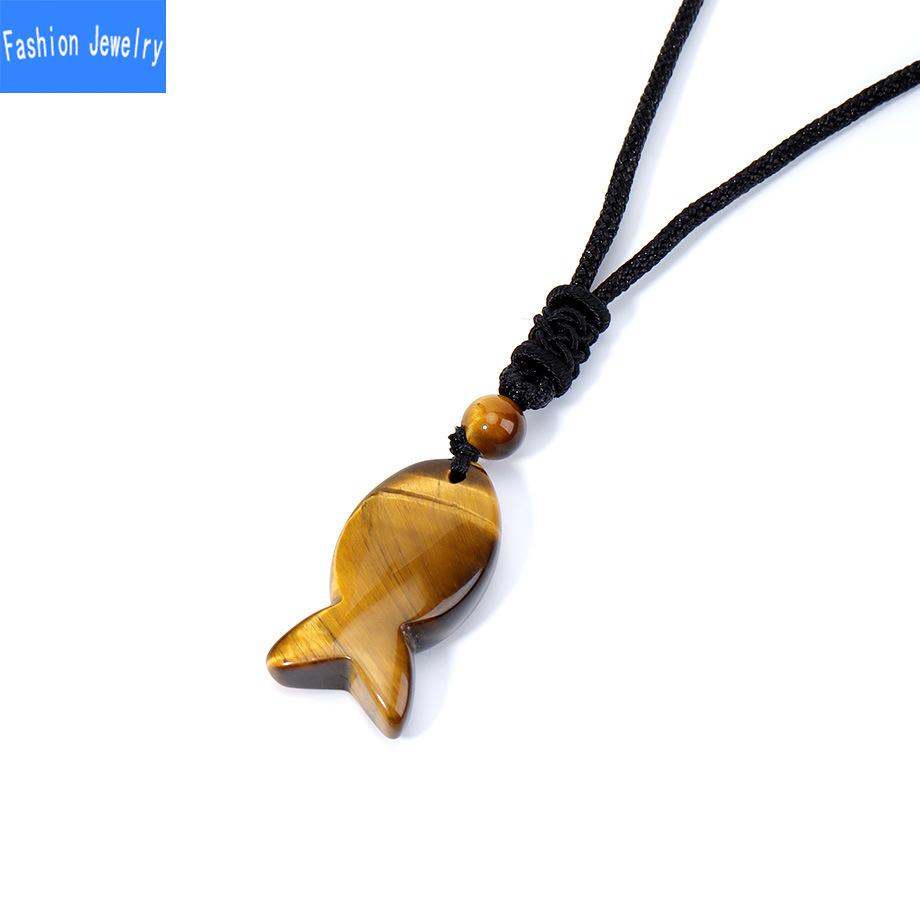 Niche unique design natural agate stone fish pendant crystal braided necklace jewelry