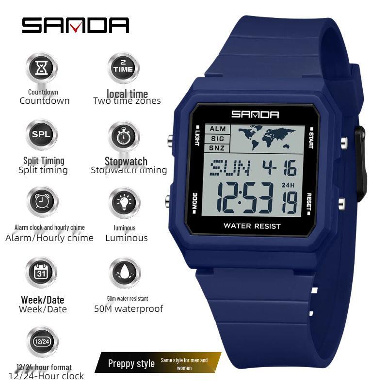 SANDA Youth Sports Luminous Waterproof Multifunction Watch with World Time & Alarm