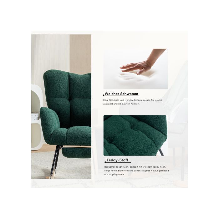 Nouveau fauteuil à bascule moderne avec rembourrage et tissu peluche, avec repose-pieds extensible, vert