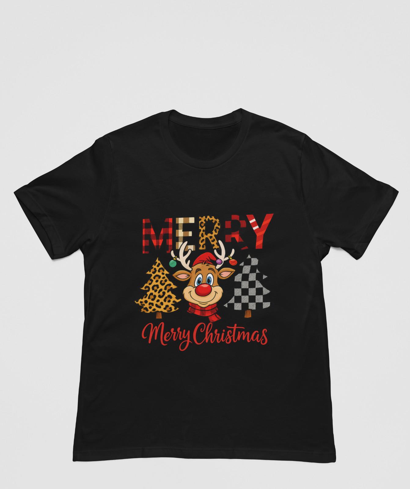 Merry Christmas Reindeer Shirt Cute Buffalo Plaid & Leopard Trees Holiday Graphi M