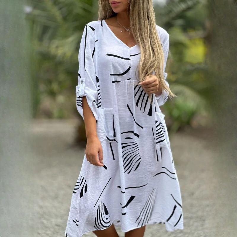 GMXIA Autumn Women's Fashion Casual High Waist Printed Long Sleeve Large Size Dresses