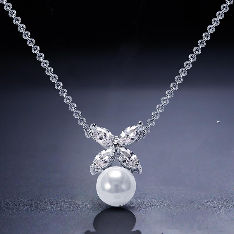 ZAKOL 2 Pcs Simple Marquise Zircon Pearl Stud Earrings Necklace Jewelry Sets for Women Charm Jewelry Gift