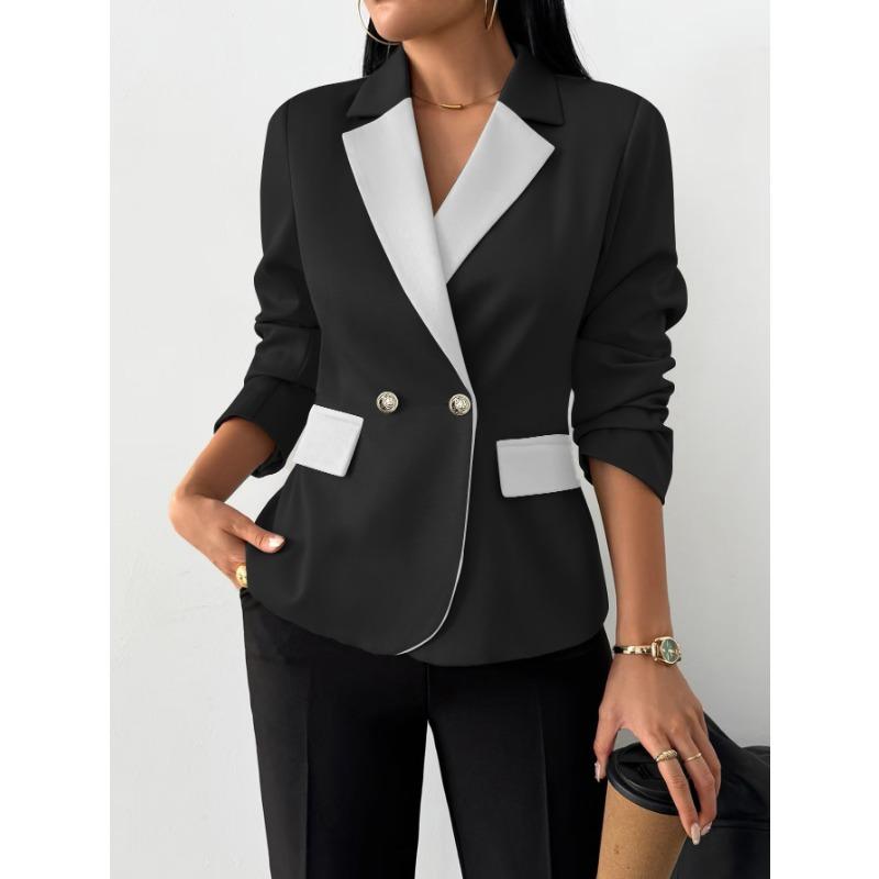 Women S Color Block Lapel Long Sleeve Blazer Coat