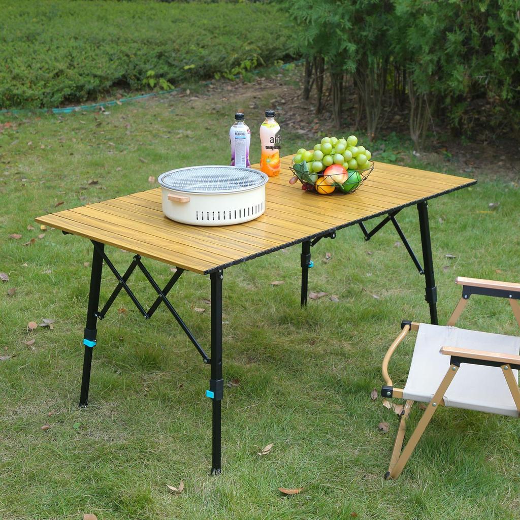 Portable Aluminum Alloy Folding Camping Table with Wood Grain Roll-up Design