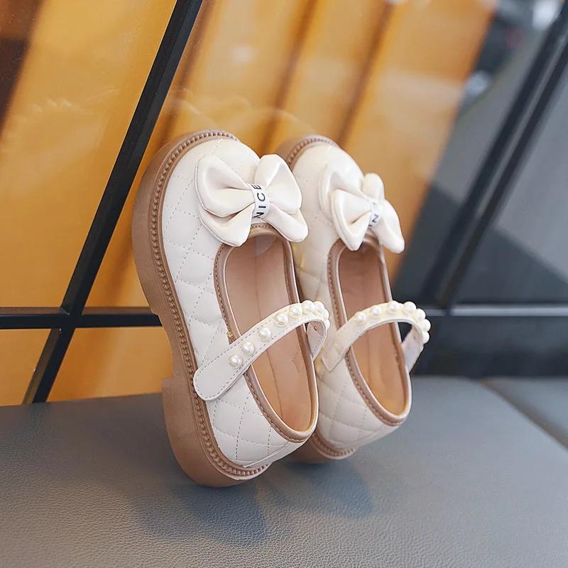 Children's Leather Shoes Spring Autumn Kids Mary Jane Shoes Fashion Pearl Bowknot Girls' Flat Shoes Lolita Toddlers Single Shoes
