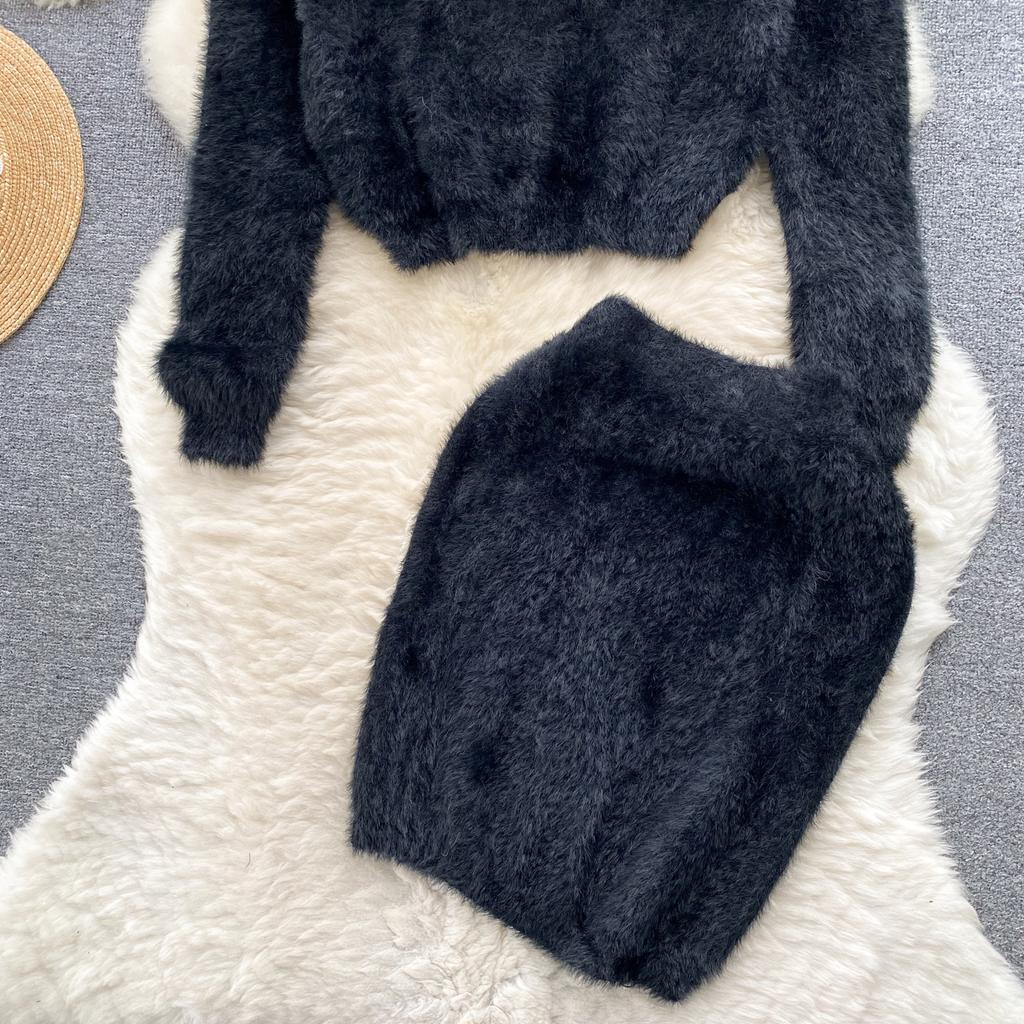 Autumn Women Sweet Mohair Knit Sweater Suit O Neck Long Sleeve Pullover Tops+High Waist Bodycon Pencil Skirt Lady Solid Two Piece Set