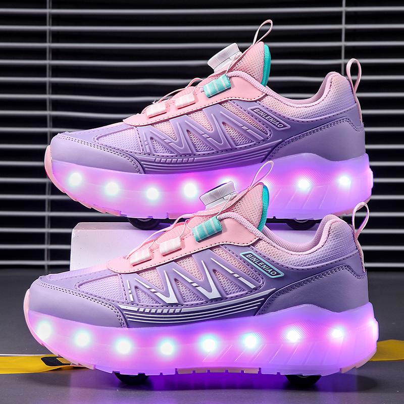Chaussures de Sport à Lumières pour Enfants Chaussures à Roulettes Chargement et Démontage Chaussures à Roulettes à Quatre Roues LED Baskets Lumineuses pour Enfants