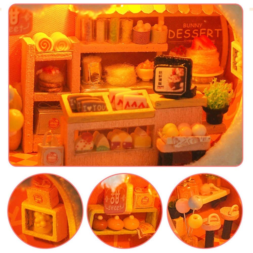 moin moin Dollhouse Miniature Handmade Kit Set Fluffy Animal Face House Rabbit White Cafe Cake Shop Beginner Pompom Making Interior LED Light
