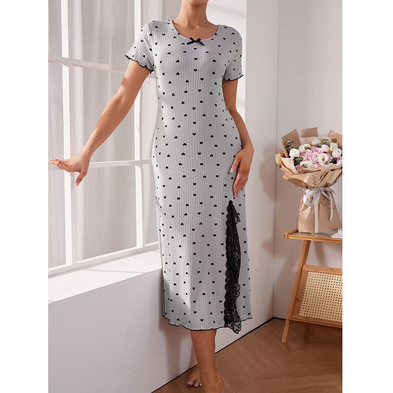 Dress sexy lady slim nightdress lace slit medium long dress short sleeve love print home