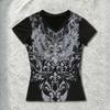 European and American Retro Punk Dark Style V-neck Hot Stamping Printed T-shirt