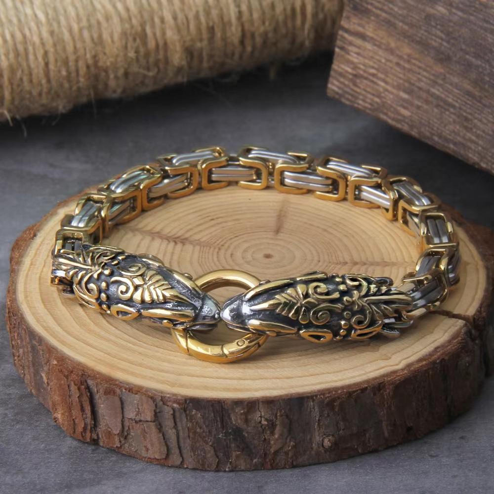 Bracciale con Ciondolo Lupo Vichingo in Acciaio Inossidabile a Maglia Rete, Gioielli Punk Biker da Uomo, Colore Inalterabile