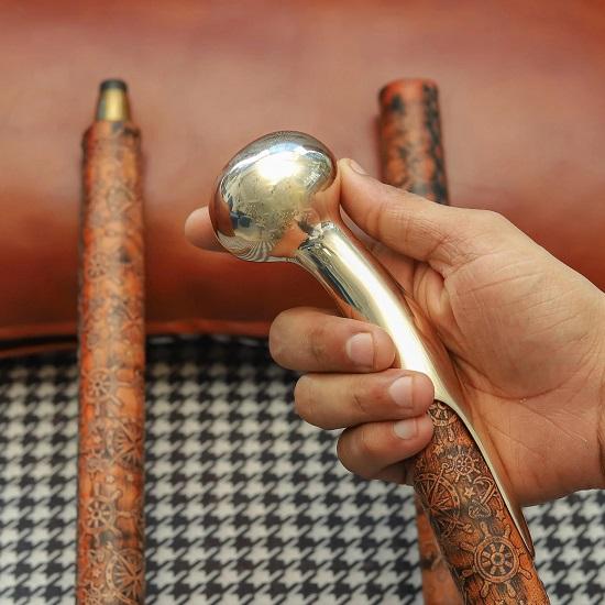 Wooden Walking Cane with Polished Brass Handle Hand-Carved Nautical Floral Design Walking Stick Elegant Cane for Men Collector’s Gift