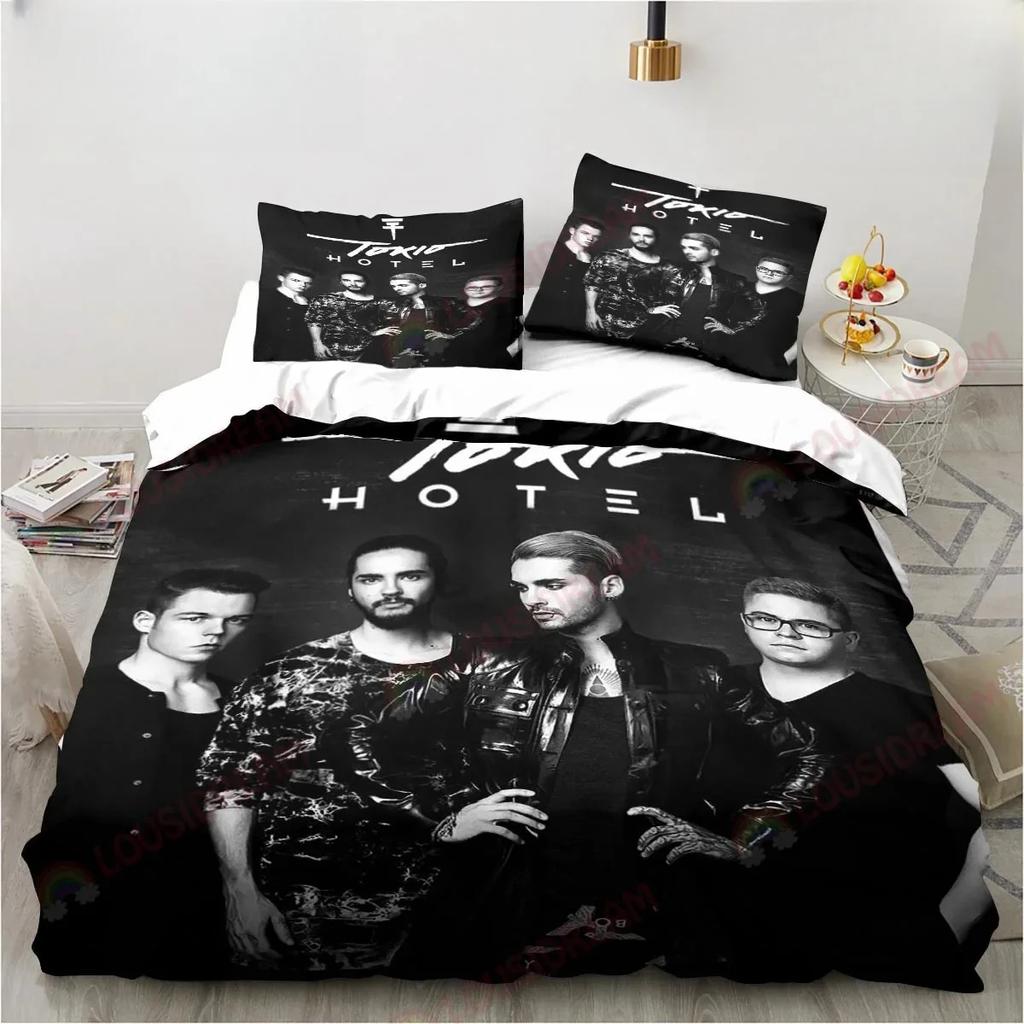 3D-Druck Tokio Hotel Bettwäsche-Set Weiche Bettdecke mit 1/2 Kissenbezügen für Kinder Erwachsene Musikband Bagger Bettbezug