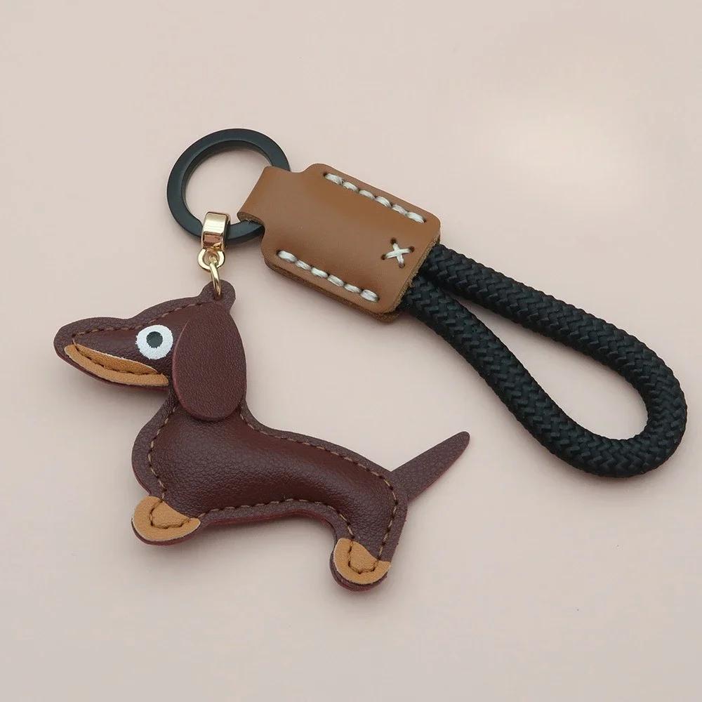Custom Number Sausage Dog Leather Keychain Pendant Personalized Cartoon Keyring with Braid Rope Bag Car Key Ring