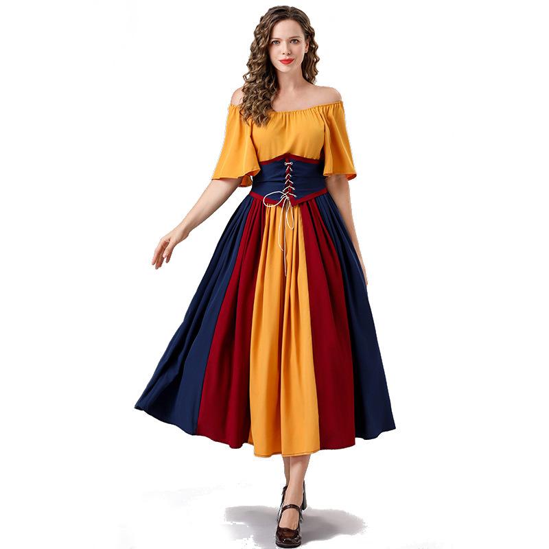 Cosplay European and American retro dress contrasting color splicing Feifei sleeves lace waist princess dress one-word shoulder dress skirt tutu skirt