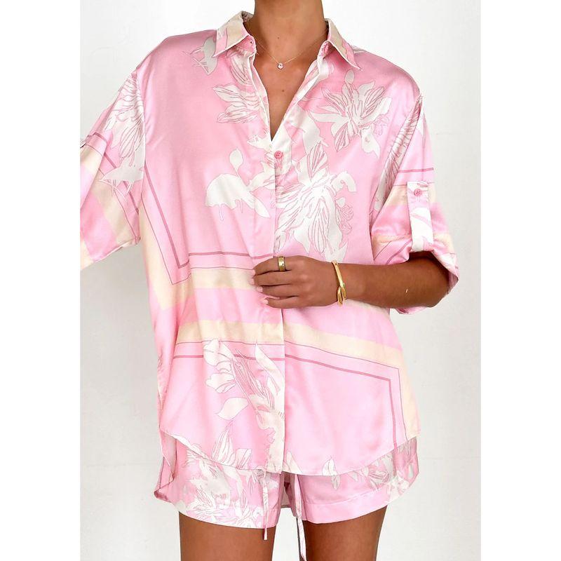 

European and American Summer New Women Homewear Fashion Casual Print Cardigan Shirts Shorts Set Pink L
