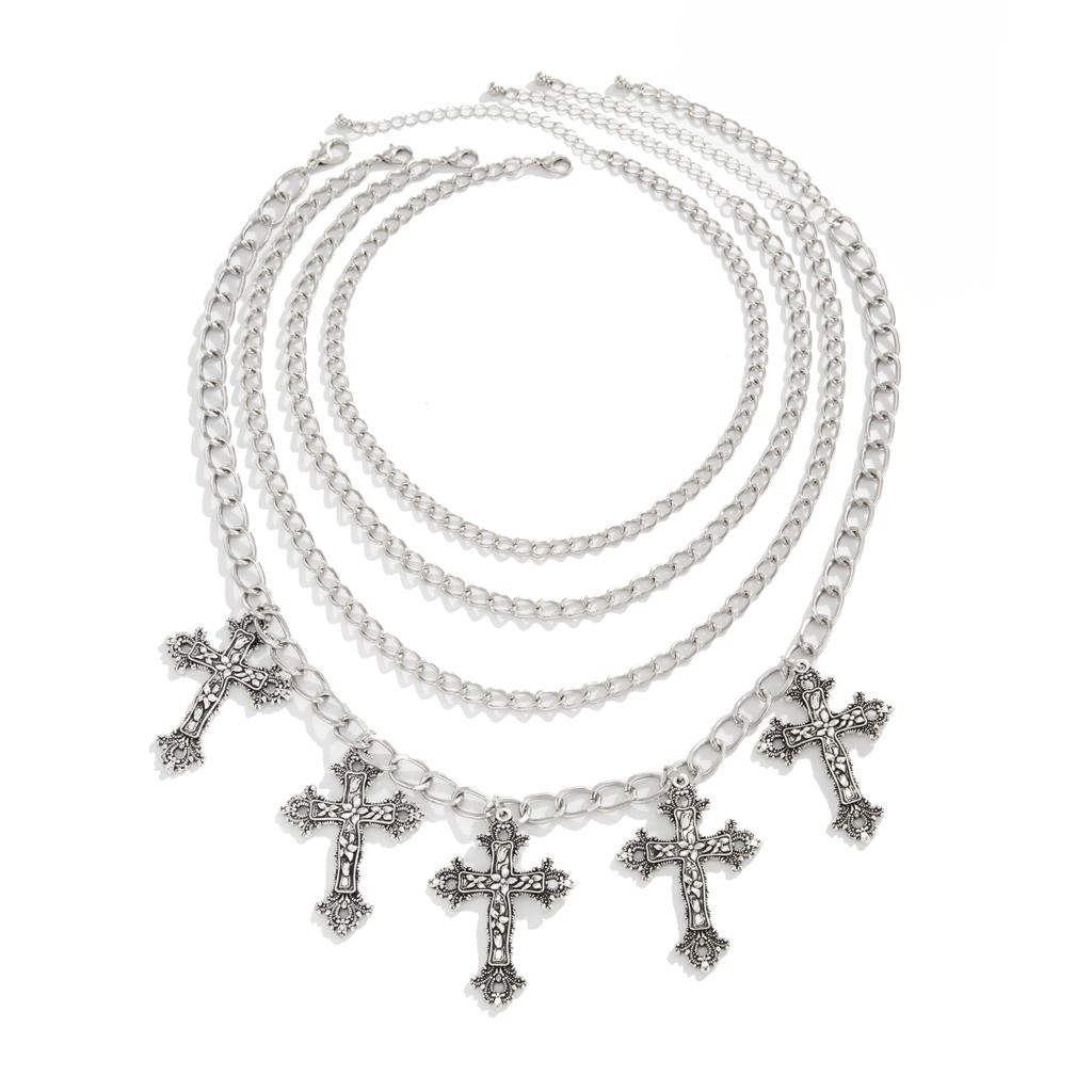 Salircon Gotisch 4 Stück/Set Kreativer Jesus-Kreuz-Anhänger Halskette Damen Vintage Punk Silberfarbene Ketten Y2K Schmuck Halloween Geschenk