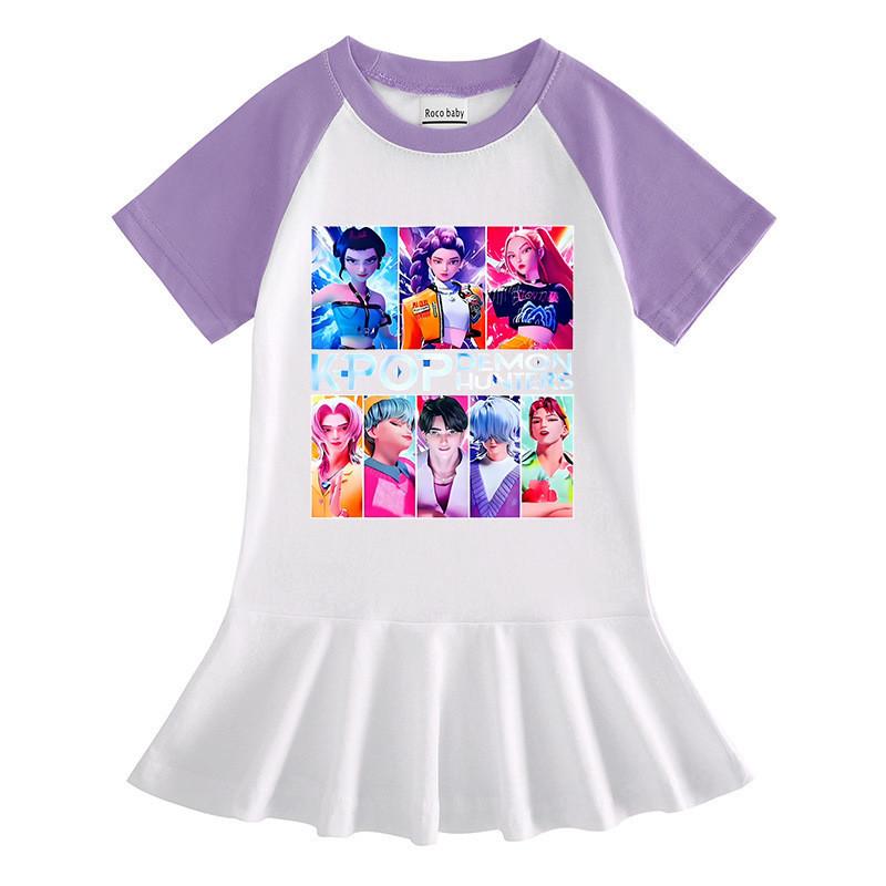 Girls Kpop Rumi Mira Zoey Hunters Print Raglan Sleeves Ruffle Dress