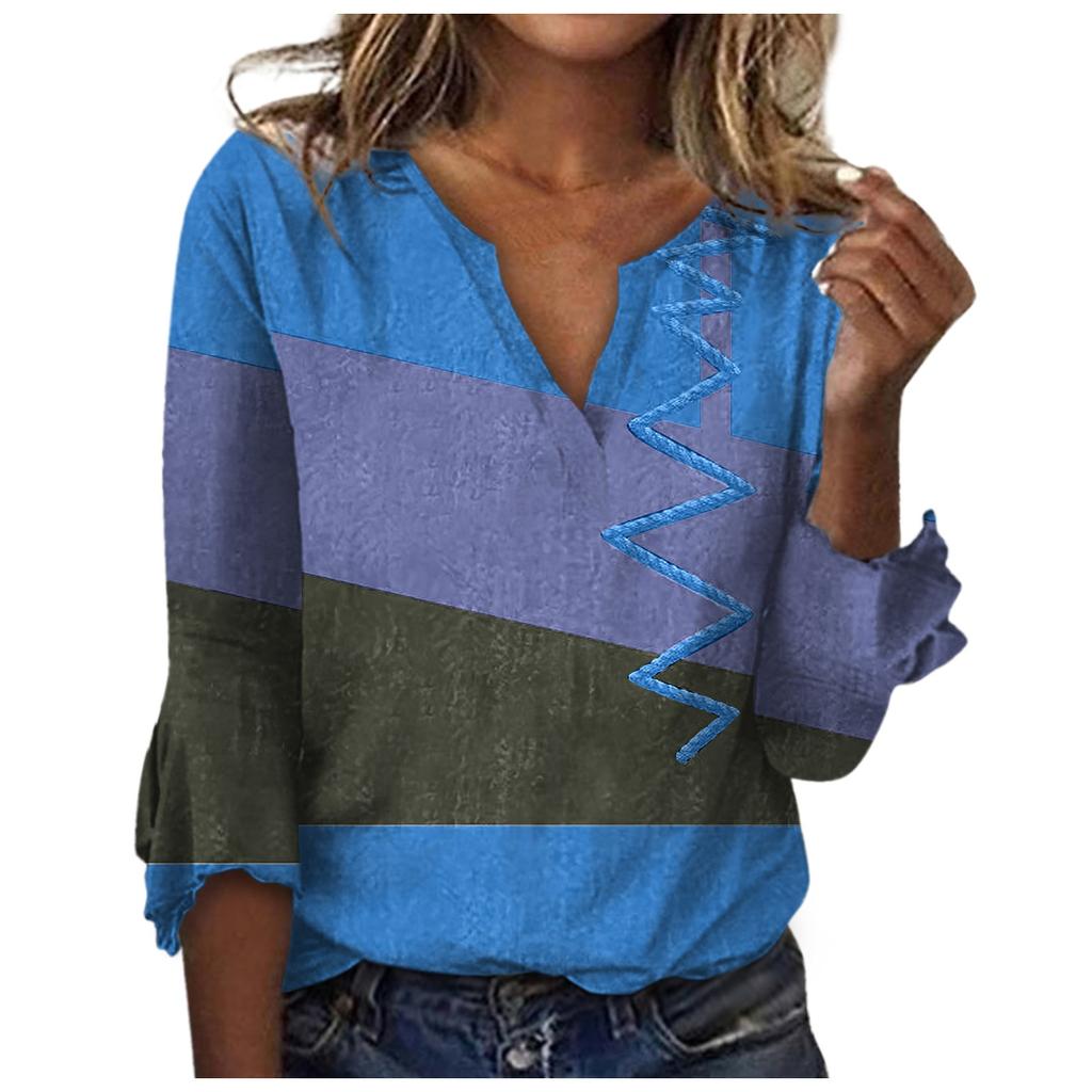 Damenmode V-Ausschnitt Druck 3/4 Ärmel Druck T-Shirt Slim Top Lässige Oberteile