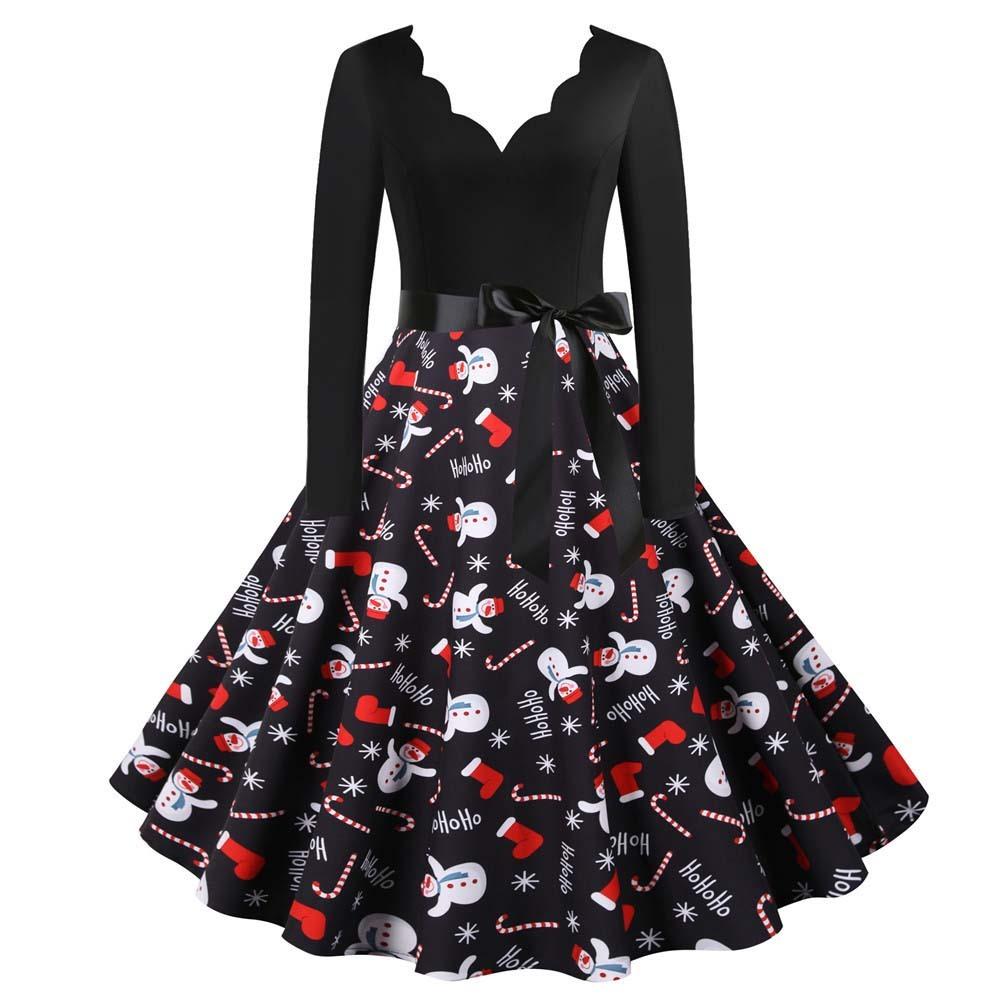 

Retro Style Women Christmas Swing Dress Long Sleeve Fancy Dresses Evening Party Gowns S
