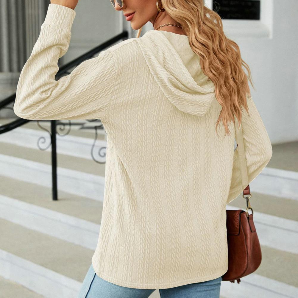 Women Autumn Winter Solid Color Hoodie Drawstring Buttons Neckline Long Sleeve Loose Fit Twist Texture Pullover Sweatshirt