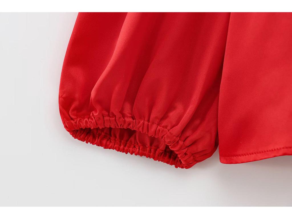 2025 Spring European & American Style Women's Satin Puff Sleeve Bow Top