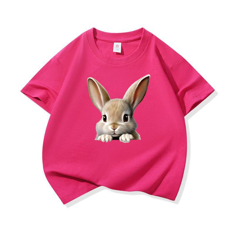 Kids Cotton T Shirt Cute Peeking Rabbit Print Crew Neck Short Sleeve Tee Casual Breathable Boys Girls Summer Tops