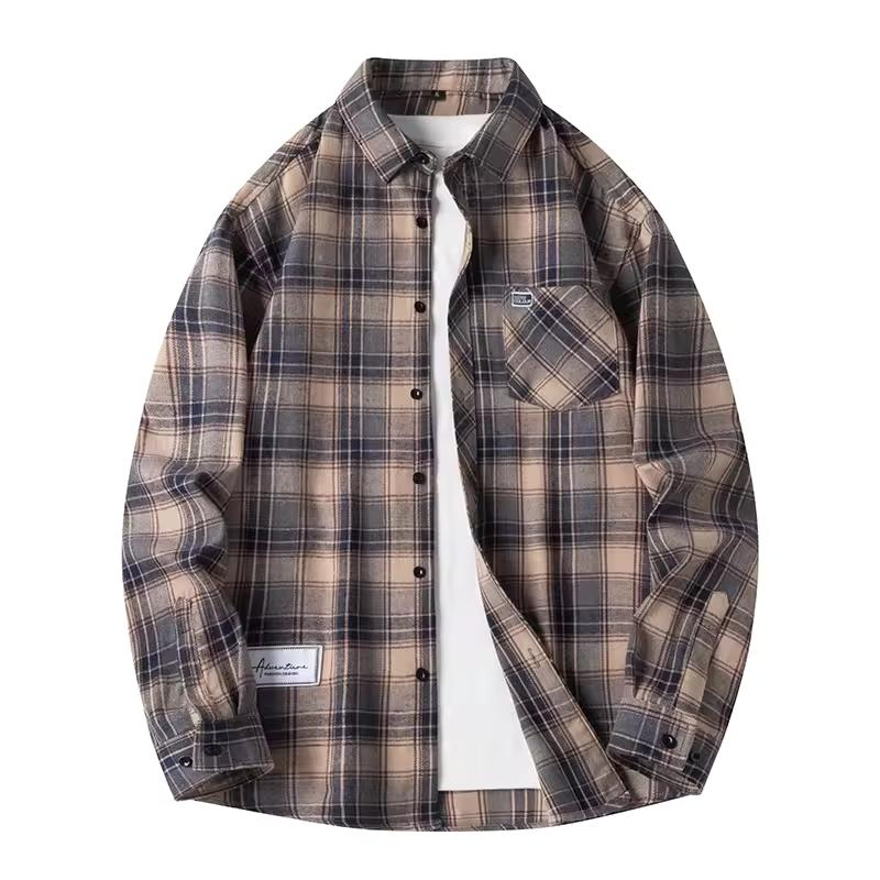Men's Shirt Plaid Flannel Spring Autumn Long Sleeve Blue Loose Men's Casual Shirt Oversized Business Male Soft Dress Shirt