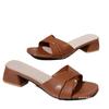 Square head medium heel slippers women's summer 2025 new leather cross thick heel open toe large size cool slippers women
