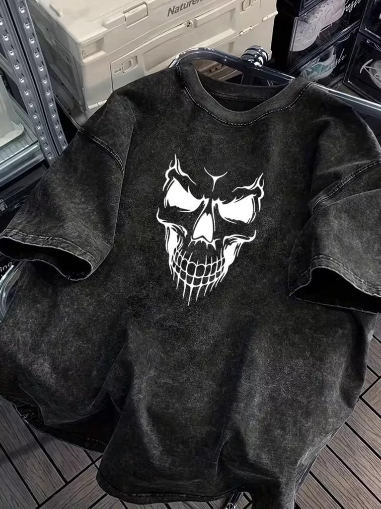 Electric Shock Skeleton Graphic TShirt Washed Black Retro Punk Skull Lightning Print Casual Crew Neck Short Sleeve Unisex Tee
