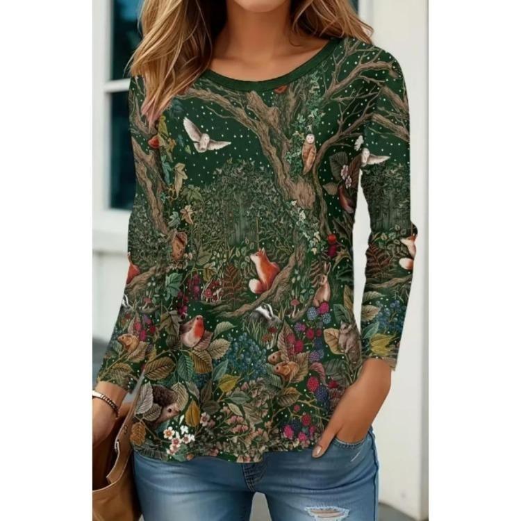 3D Floral Printed Long Sleeve T Shirt Women Fashion Round Neck Top Holiday Weekend