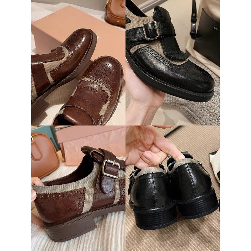 Cowhide version heavy industry leather single shoes women's British style retro thick heel fringed carved loafers Brock small leather shoes