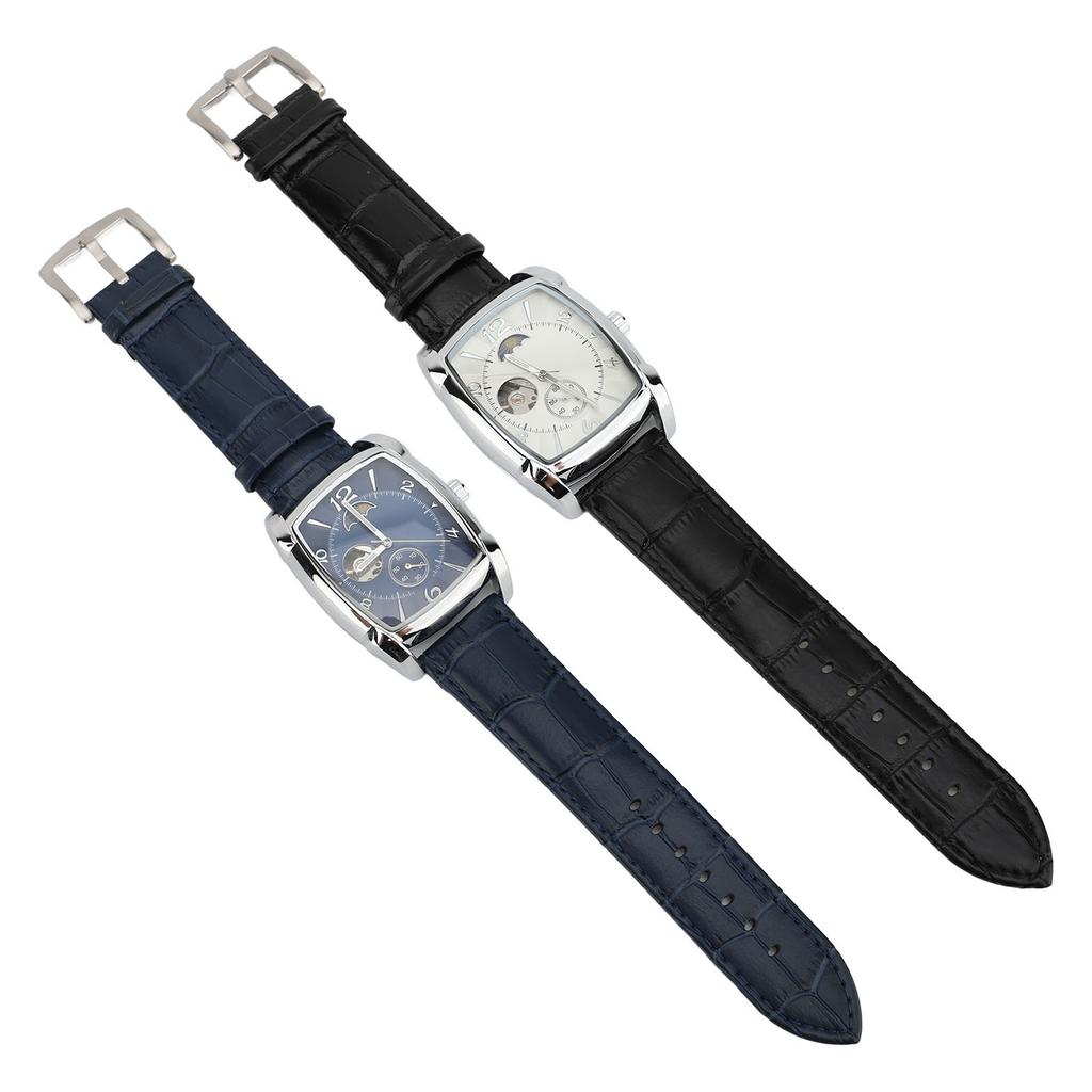 Skeleton Automatic Mechanical Wrist Watch for Men Moon Phase Self Winding Water Resistant PU Leather