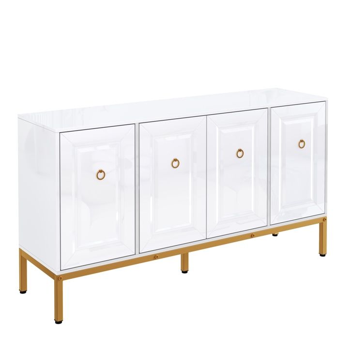 Buffet 140 x 40 x 80 cm - 4 portes - Avec étagères réglables - Finition brillante - Blanc + Or