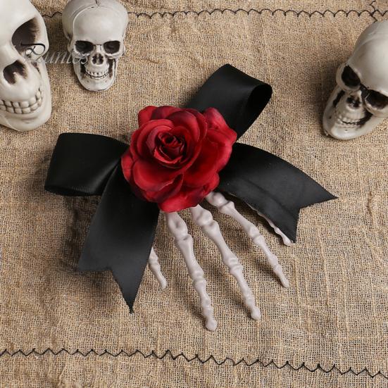 Halloween Hair Pin Skeleton Hand Frame Artificial Rose Flower Bow Decoration Hair Clip Dark Horror Style Hairpin