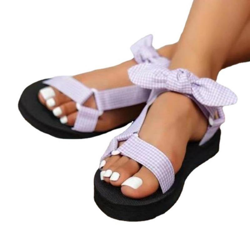 Summer New Flat-bottomed Beach Shoes Women's Velcro Bow Round Head Open-toed Leopard Print Flat-bottomed Beach Sandals