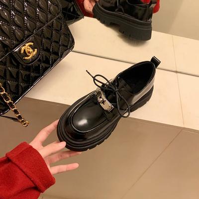 Leather Thick Heel Lock Loafers Platform Sole Lace-Up Small Leather Shoes British Muffin Shoes